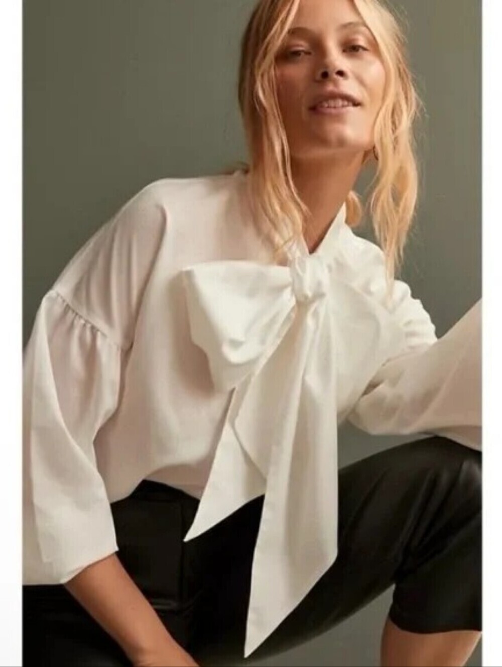 Mare Mare X Anthropologie Tie Neck Button Blouse White Poplin Long Sleeves Sz M
